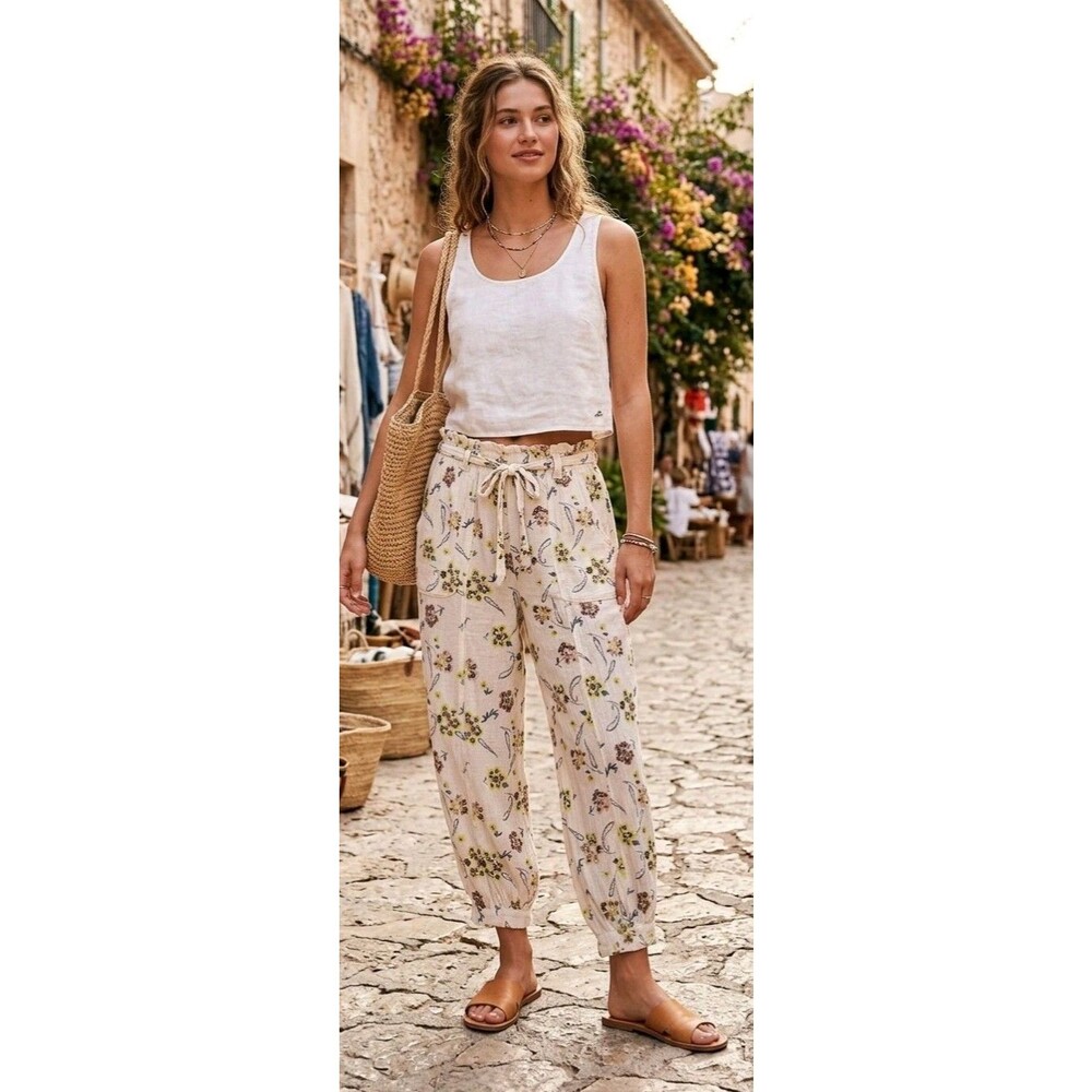Free People After Glow Balloon Pants Beige Bohemian Floral Sz M